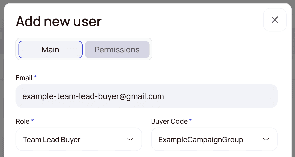 Add new user — Main tab with email, role and Buyer Code