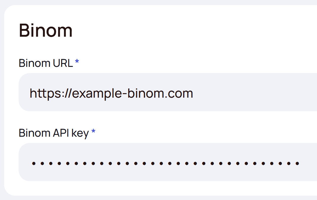 Settings — Binom block with URL and API key