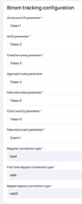 Settings — Binom tracking configuration with default values