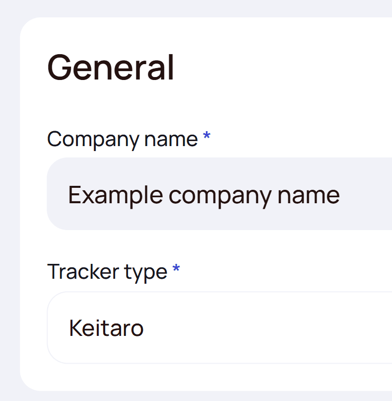 Settings — General block with company name and tracker type