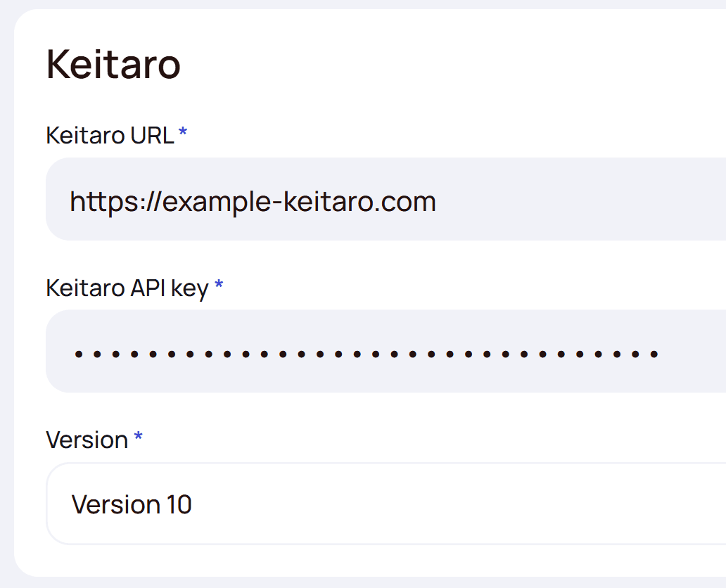Settings — Keitaro block with URL, API key and version