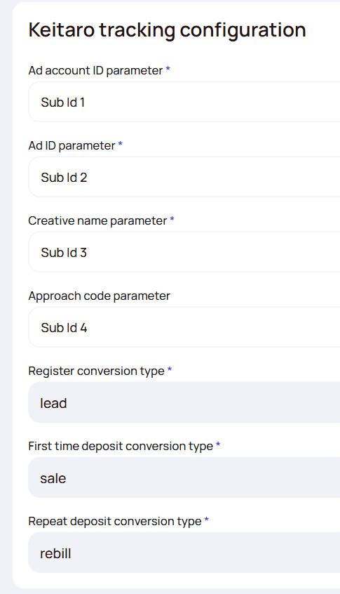 Settings — Keitaro tracking configuration with default values