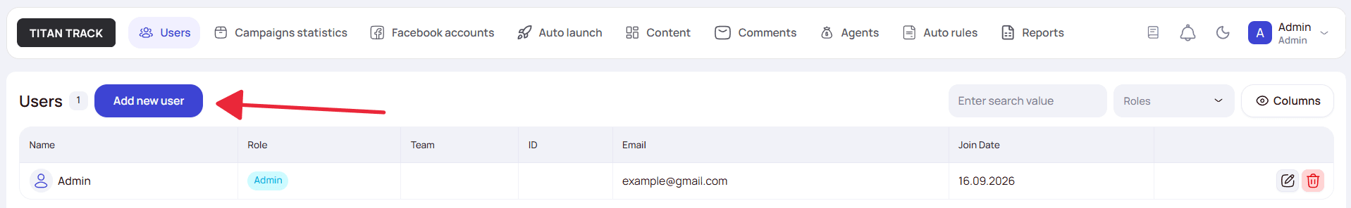 Users page — Add new user button